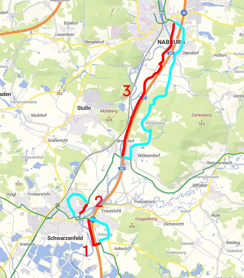 Sperren 1 bis 3 am Naabtalradweg